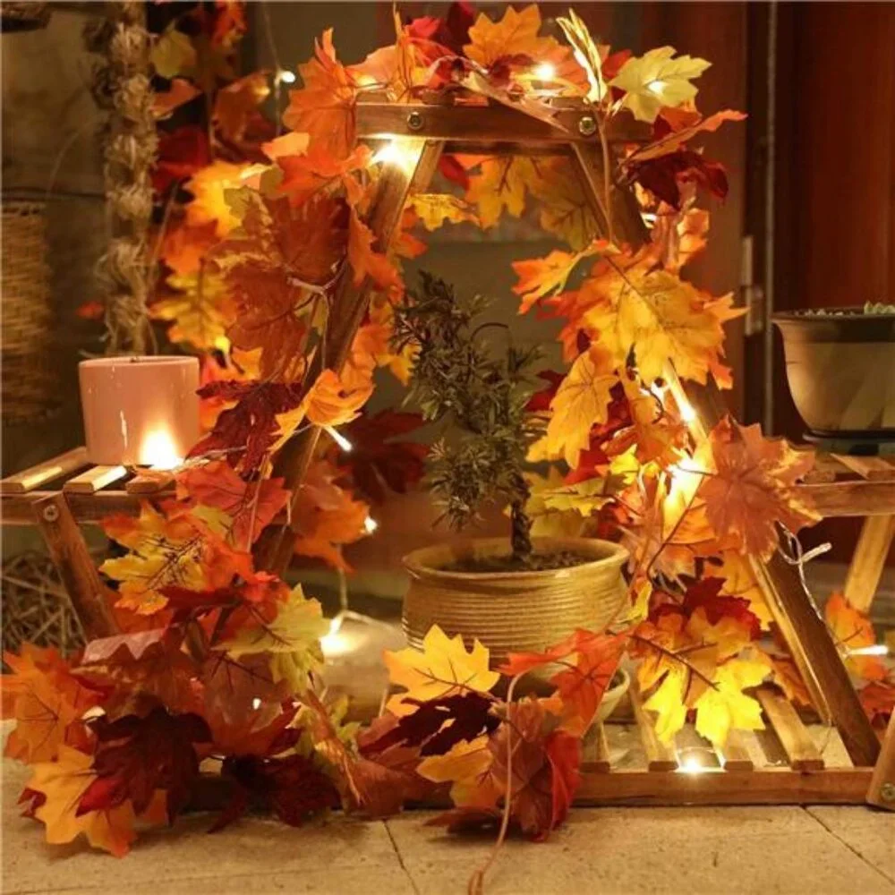 2 Pack Fall Maple Garland with 40 LED String Light- 5.8ft/Piece
